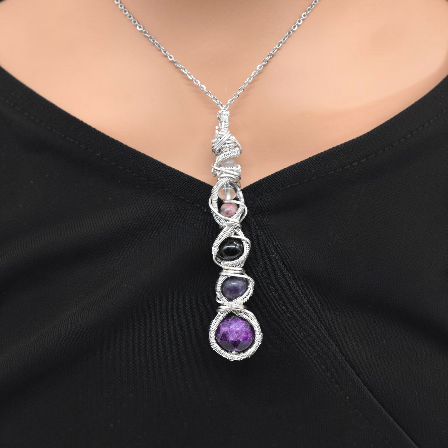 Reiki Healing PTSD & Anxiety Support Necklace | Sugilite, Lepidolite, Black Tourmaline, Quartz, Rhodonite and Rose Quartz | Sterling Silver or Copper