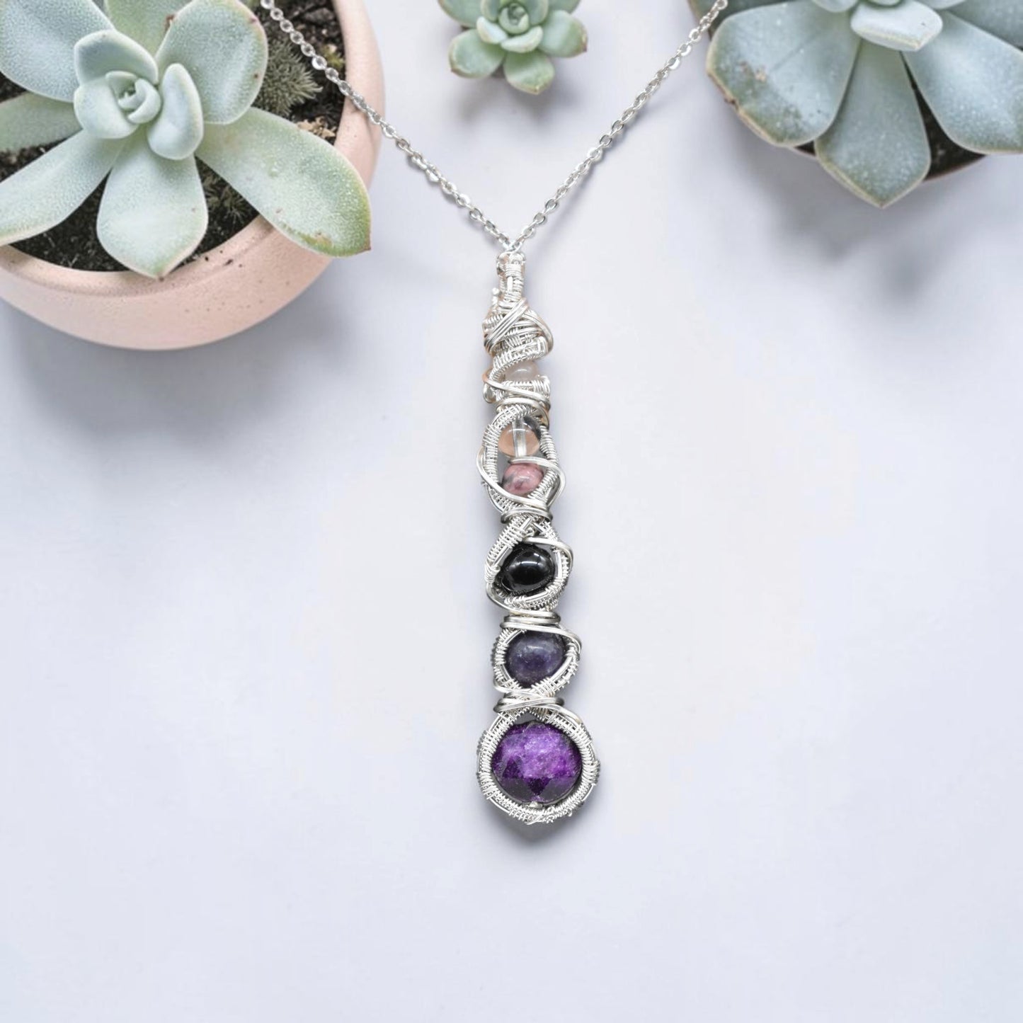Reiki Healing PTSD & Anxiety Support Necklace | Sugilite, Lepidolite, Black Tourmaline, Quartz, Rhodonite and Rose Quartz | Sterling Silver or Copper