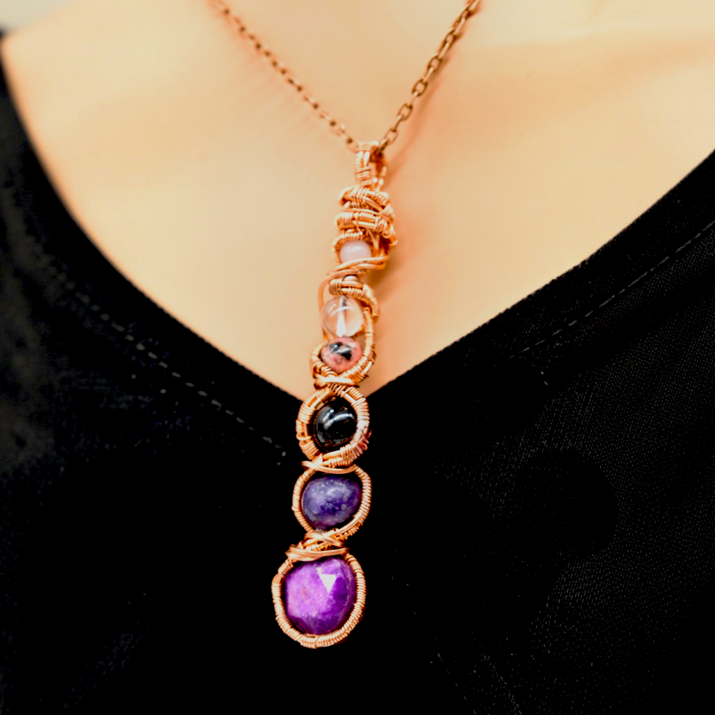 Reiki Healing PTSD & Anxiety Support Necklace | Sugilite, Lepidolite, Black Tourmaline, Quartz, Rhodonite and Rose Quartz | Sterling Silver or Copper