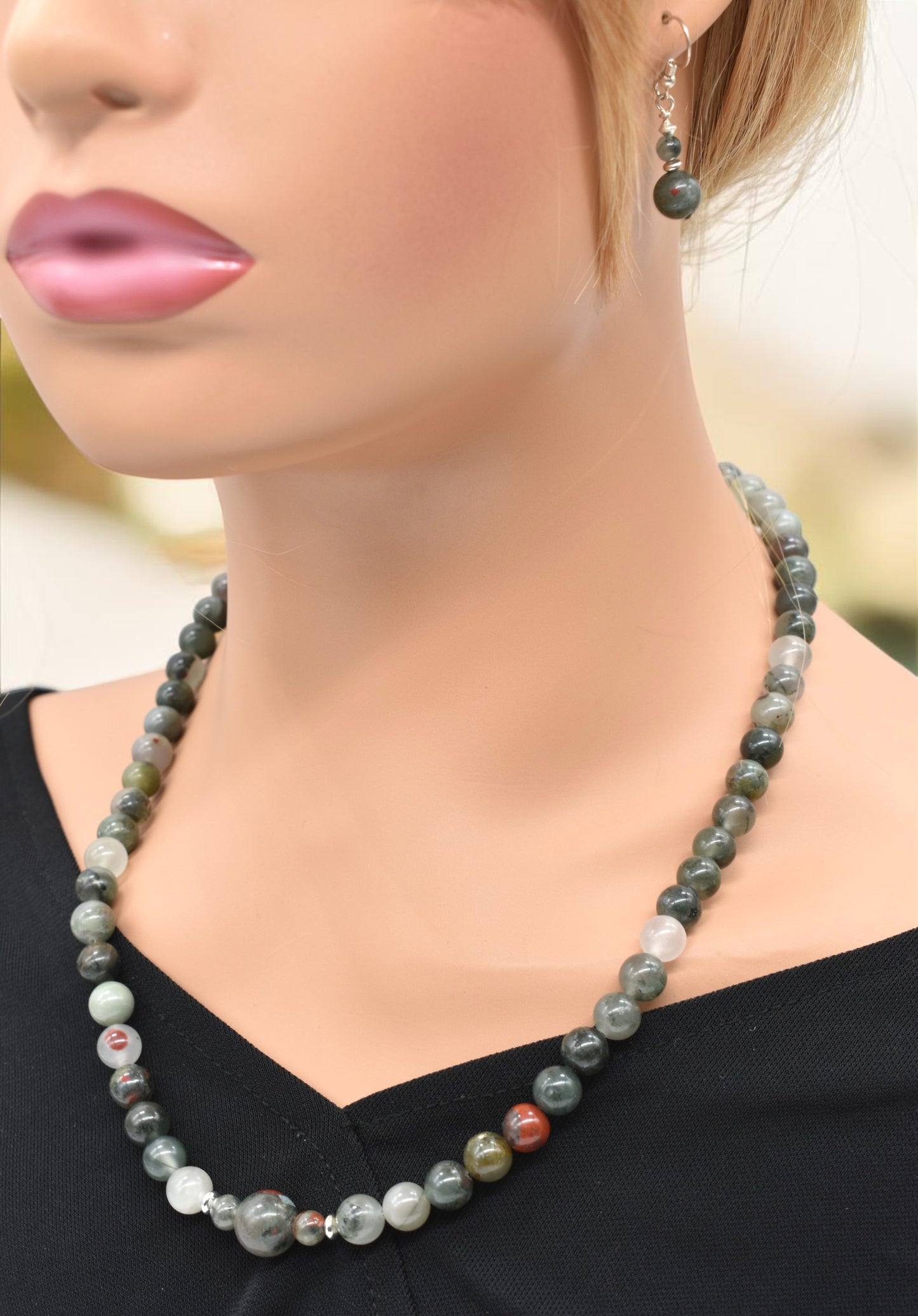 Healing Bloodstone Earring & Necklace Set | Sterling Silver Gemstone Jewelry | Grounding & Strength