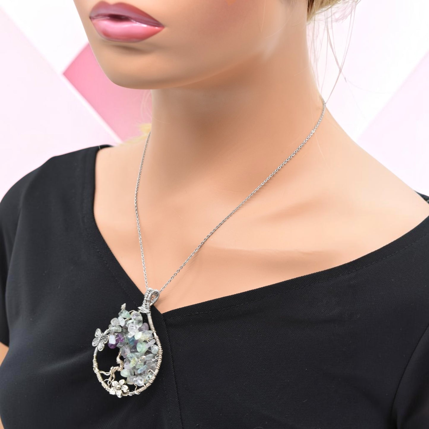 Healing Rainbow Fluorite Summer Tree Pendant in Sterling Silver with Stainless Steel Chain