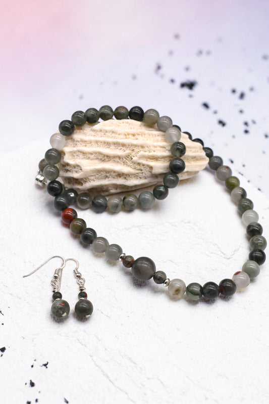Healing Bloodstone Earring & Necklace Set | Sterling Silver Gemstone Jewelry | Grounding & Strength