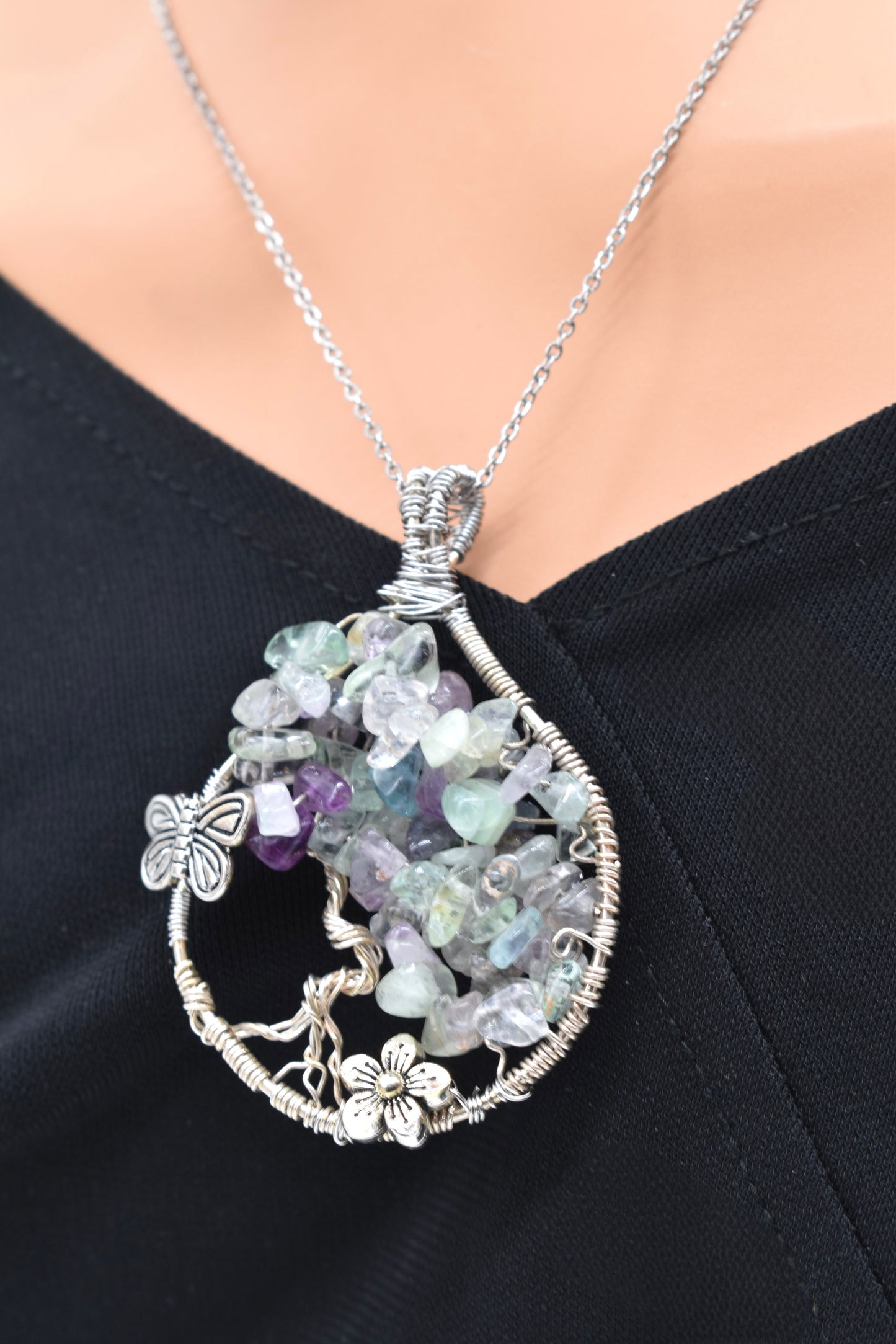 Healing Rainbow Fluorite Summer Tree Pendant in Sterling Silver with Stainless Steel Chain