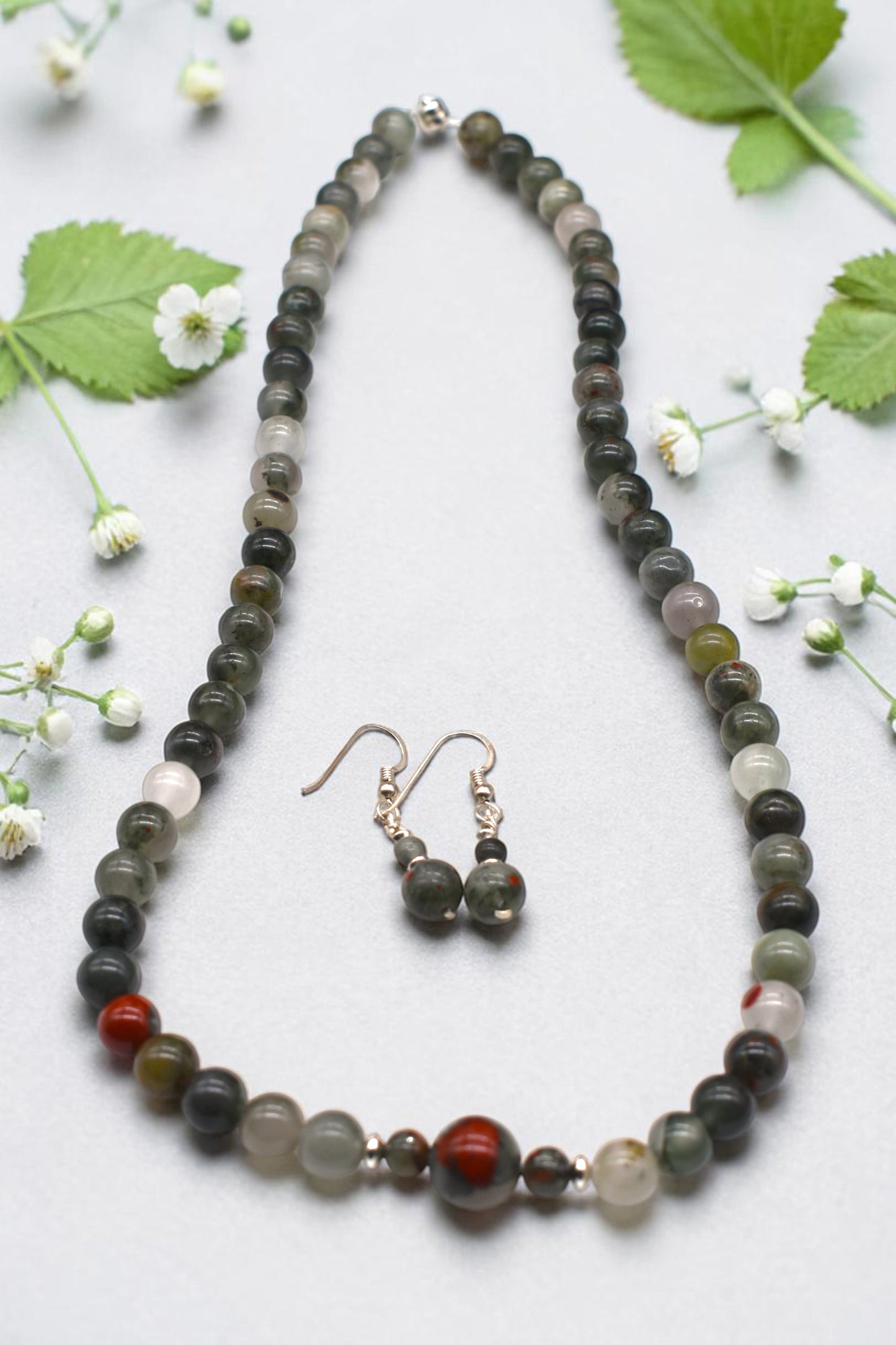Healing Bloodstone Earring & Necklace Set | Sterling Silver Gemstone Jewelry | Grounding & Strength