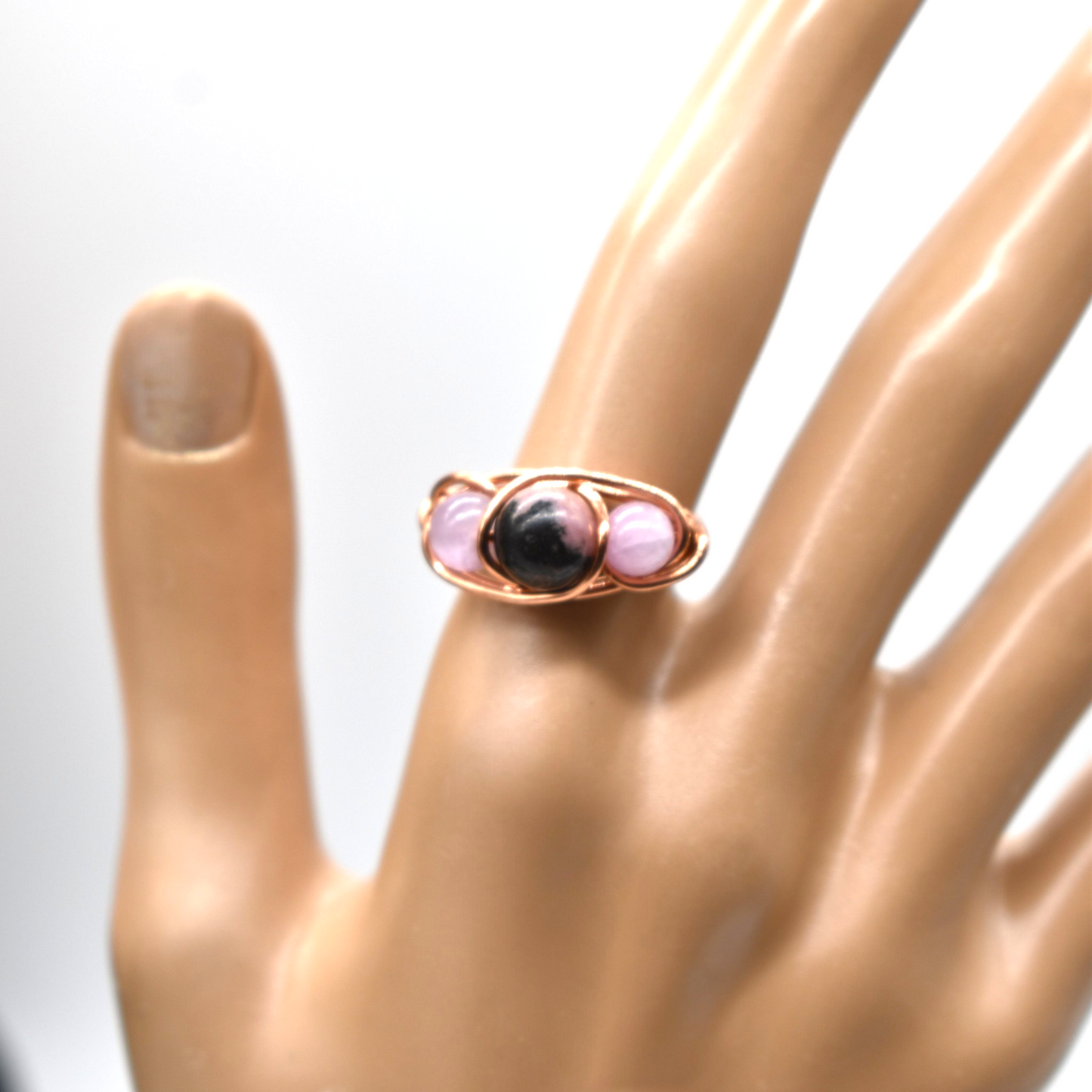 Healing Rhodonite and Kunzite Ring in Copper, Sterling Silver, 14K Gold Filled & Rose Gold Filled