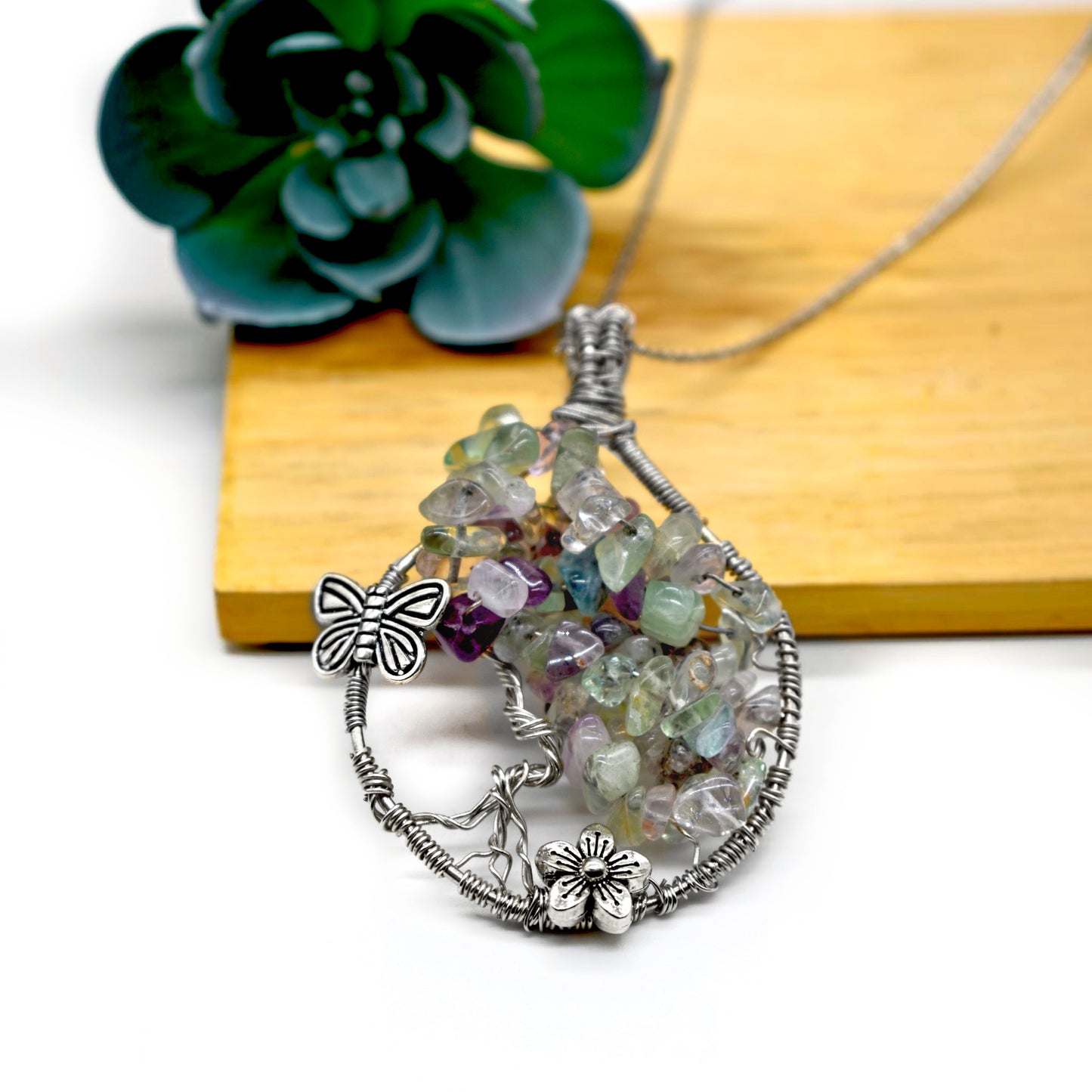 Healing Rainbow Fluorite Summer Tree Pendant in Sterling Silver with Stainless Steel Chain