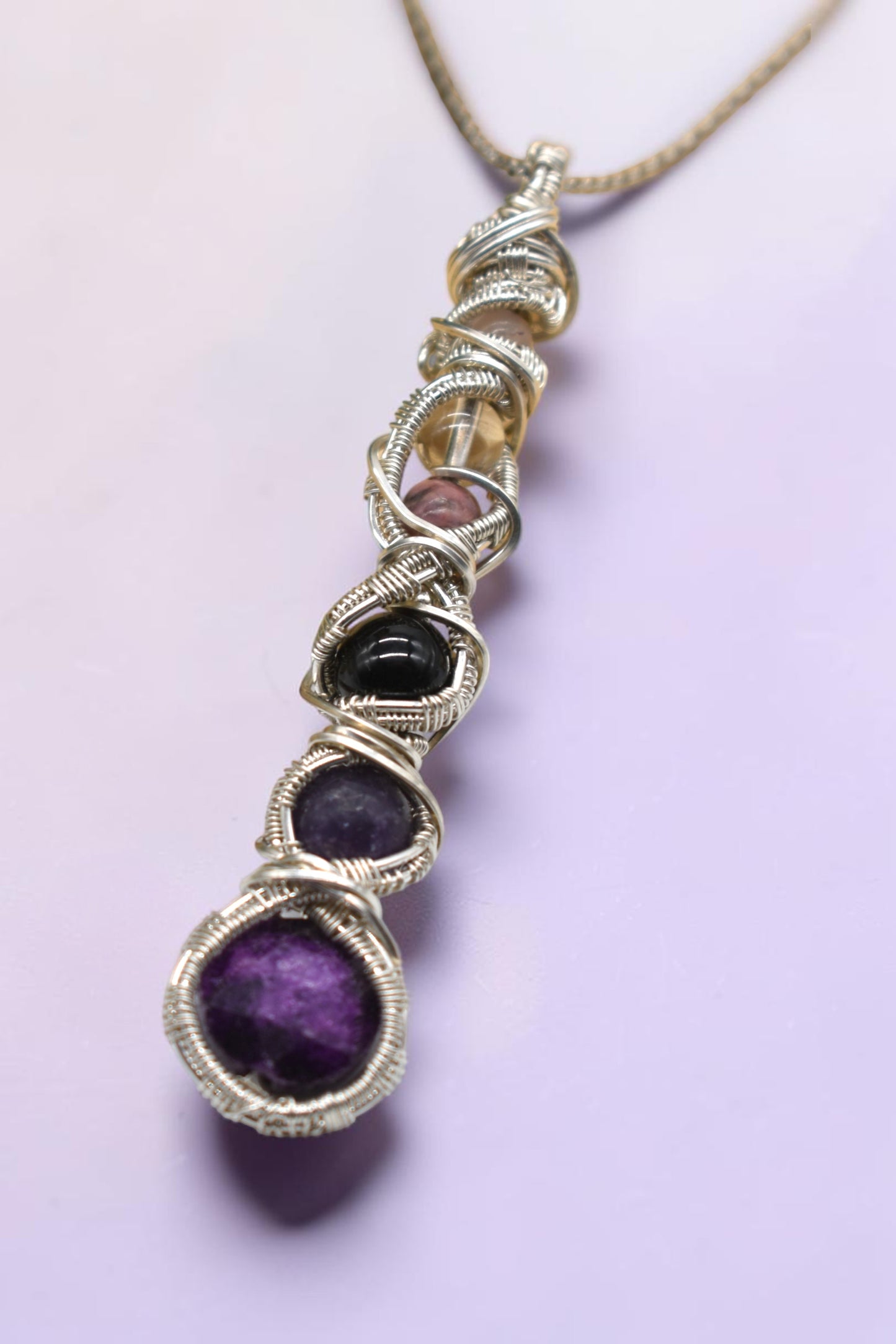 Reiki Healing PTSD & Anxiety Support Necklace | Sugilite, Lepidolite, Black Tourmaline, Quartz, Rhodonite and Rose Quartz | Sterling Silver or Copper