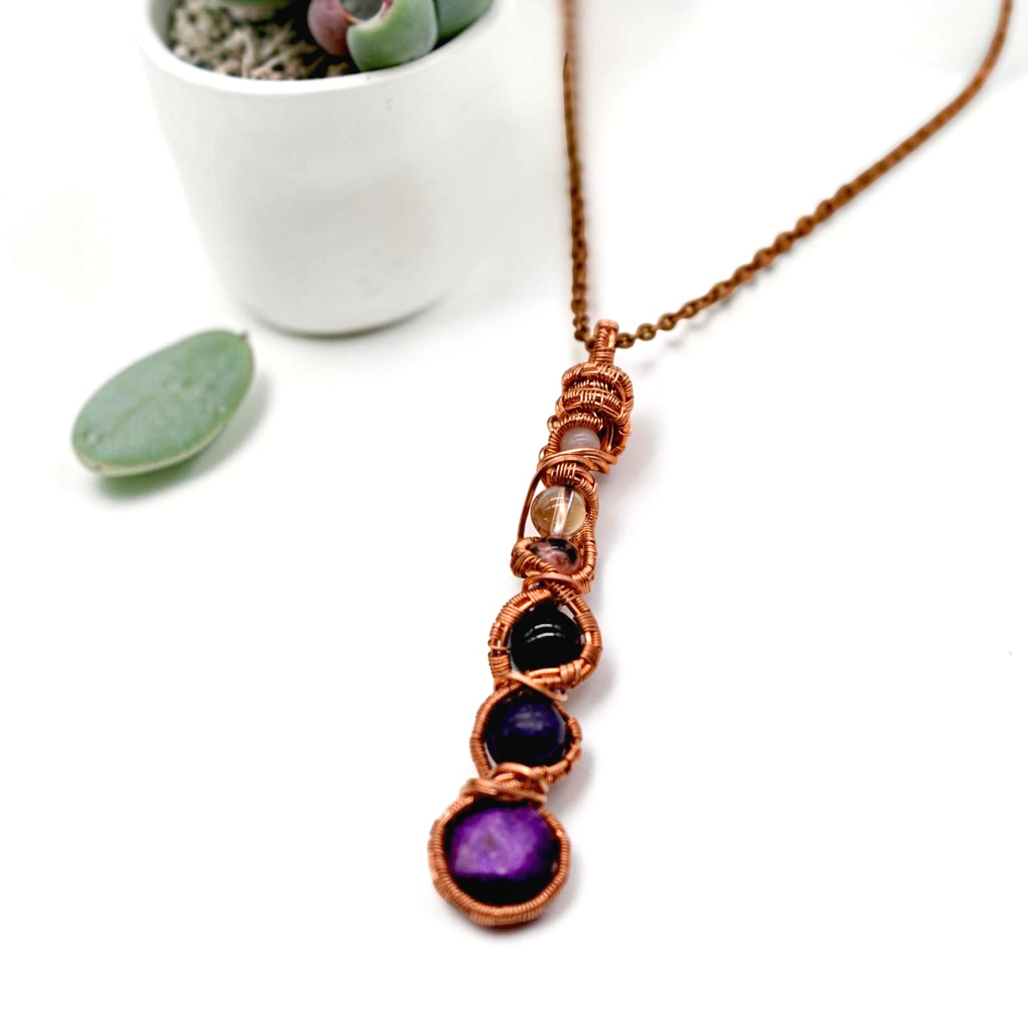 Reiki Healing PTSD & Anxiety Support Necklace | Sugilite, Lepidolite, Black Tourmaline, Quartz, Rhodonite and Rose Quartz | Sterling Silver or Copper