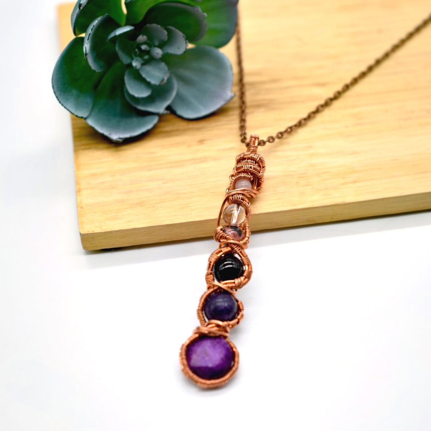 Reiki Healing PTSD & Anxiety Support Necklace | Sugilite, Lepidolite, Black Tourmaline, Quartz, Rhodonite and Rose Quartz | Sterling Silver or Copper