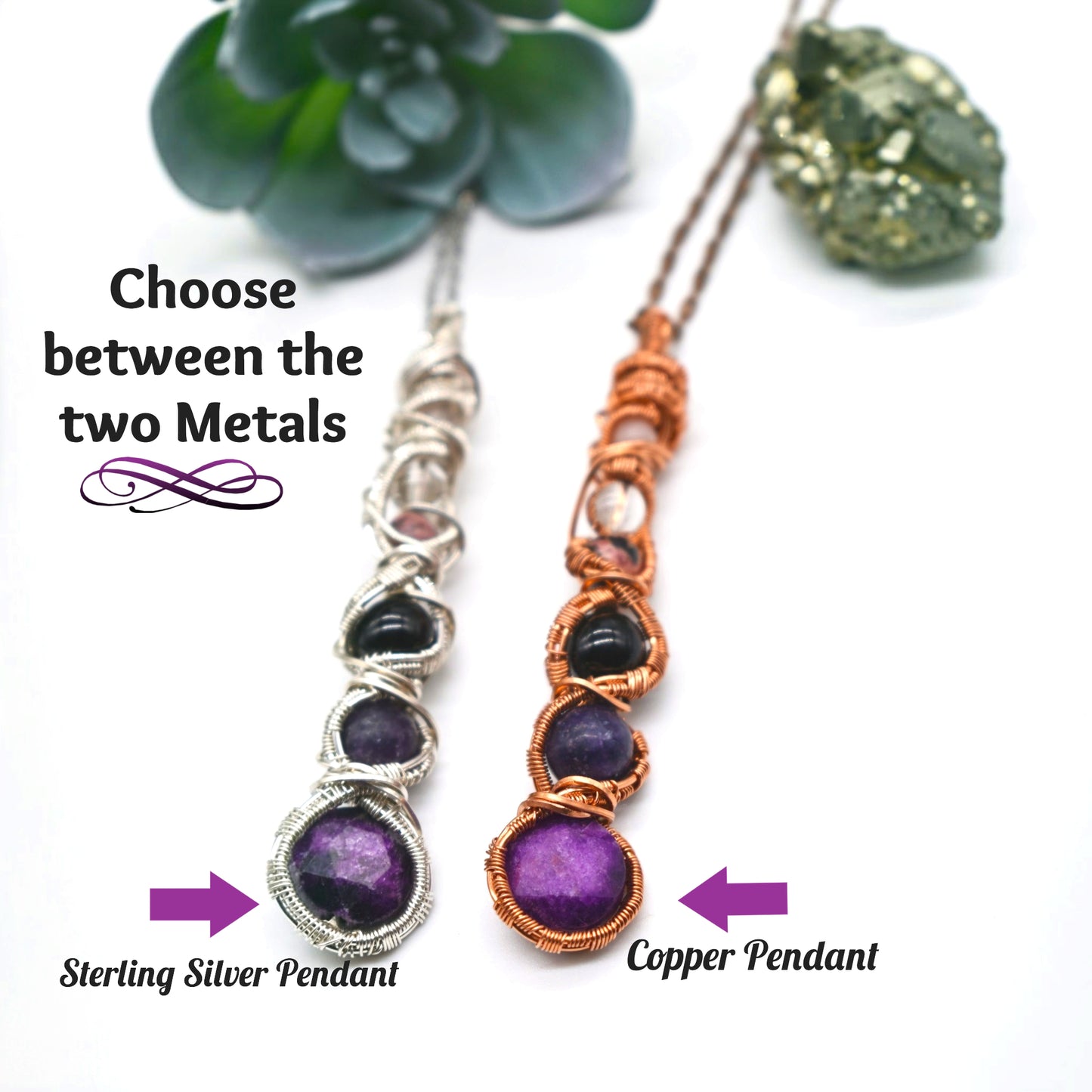 Reiki Healing PTSD & Anxiety Support Necklace | Sugilite, Lepidolite, Black Tourmaline, Quartz, Rhodonite and Rose Quartz | Sterling Silver or Copper