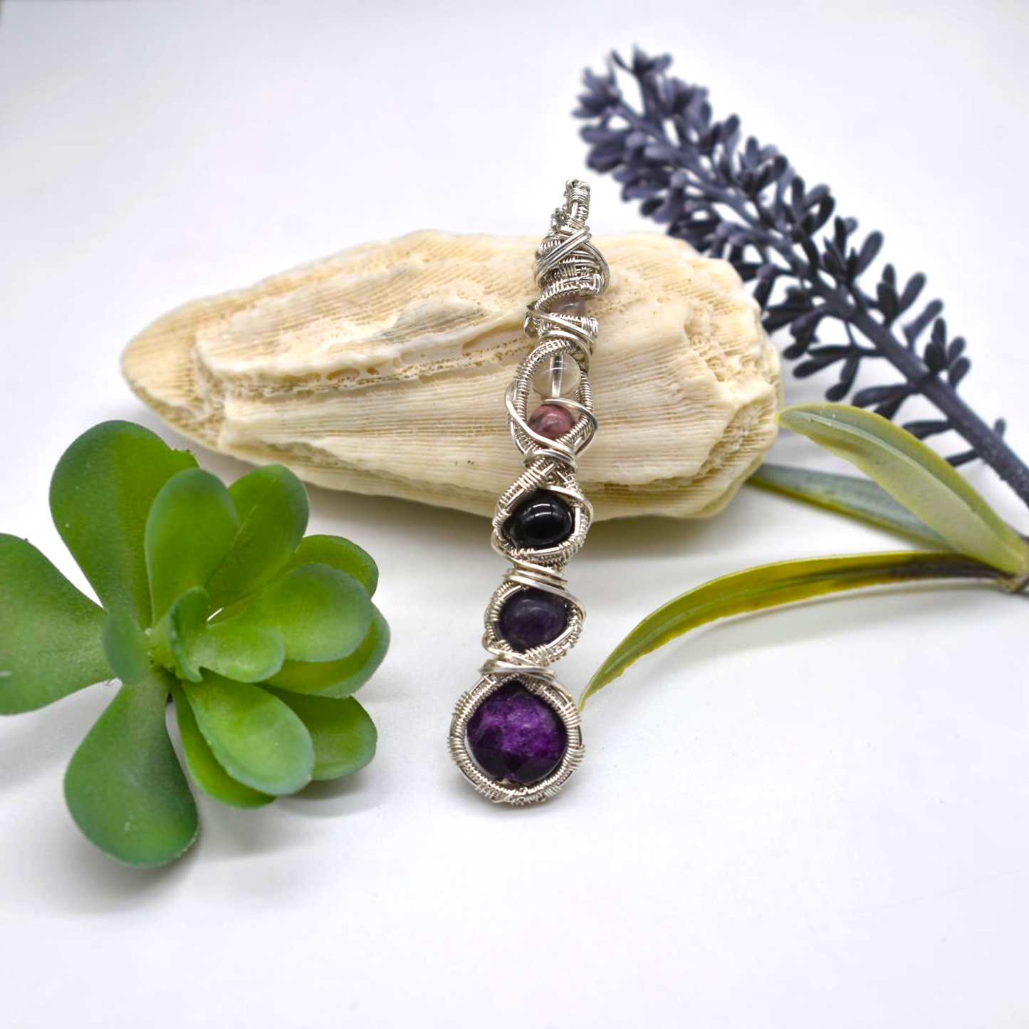 Reiki Healing PTSD & Anxiety Support Necklace | Sugilite, Lepidolite, Black Tourmaline, Quartz, Rhodonite and Rose Quartz | Sterling Silver or Copper