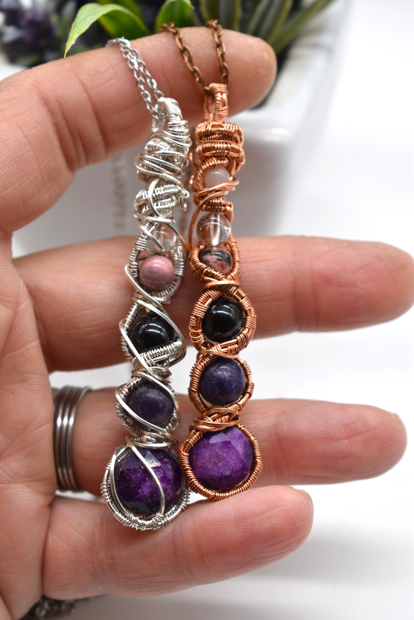 Reiki Healing PTSD & Anxiety Support Necklace | Sugilite, Lepidolite, Black Tourmaline, Quartz, Rhodonite and Rose Quartz | Sterling Silver or Copper