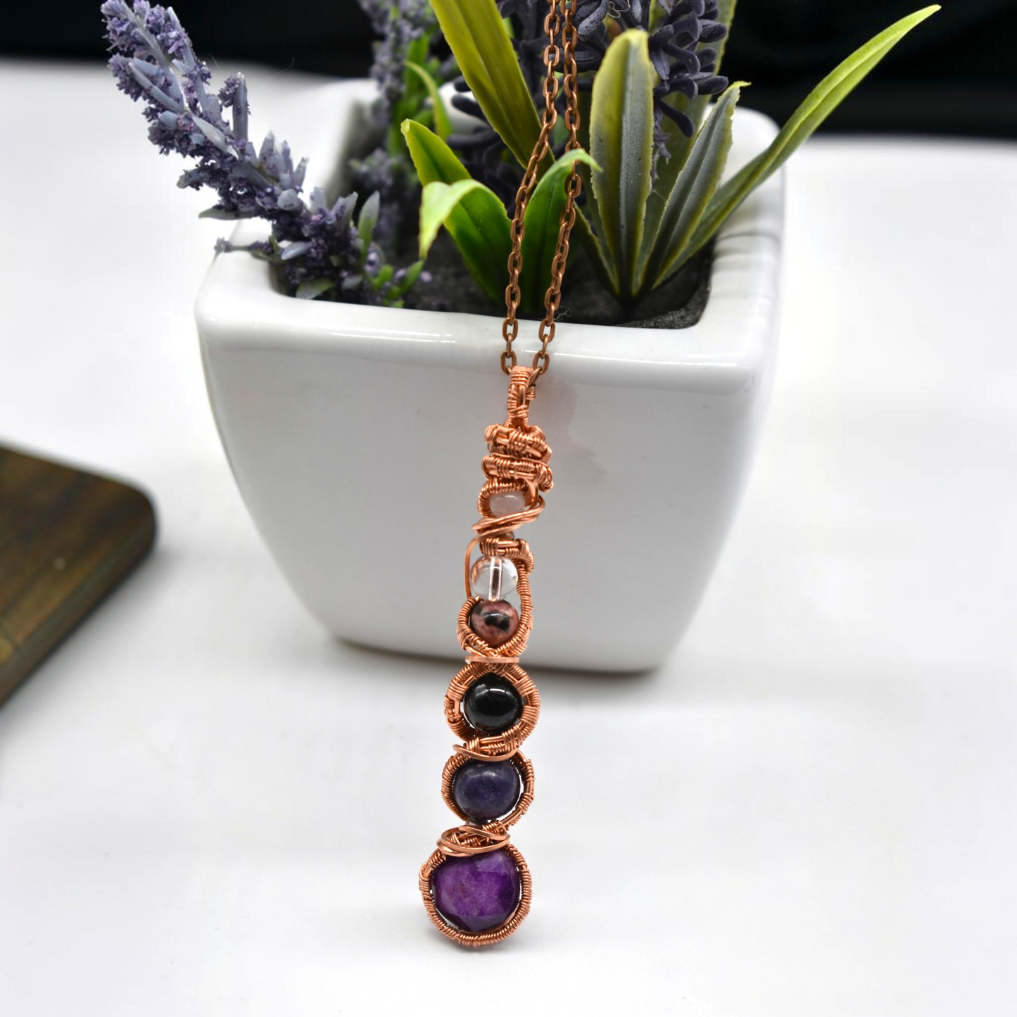 Reiki Healing PTSD & Anxiety Support Necklace | Sugilite, Lepidolite, Black Tourmaline, Quartz, Rhodonite and Rose Quartz | Sterling Silver or Copper