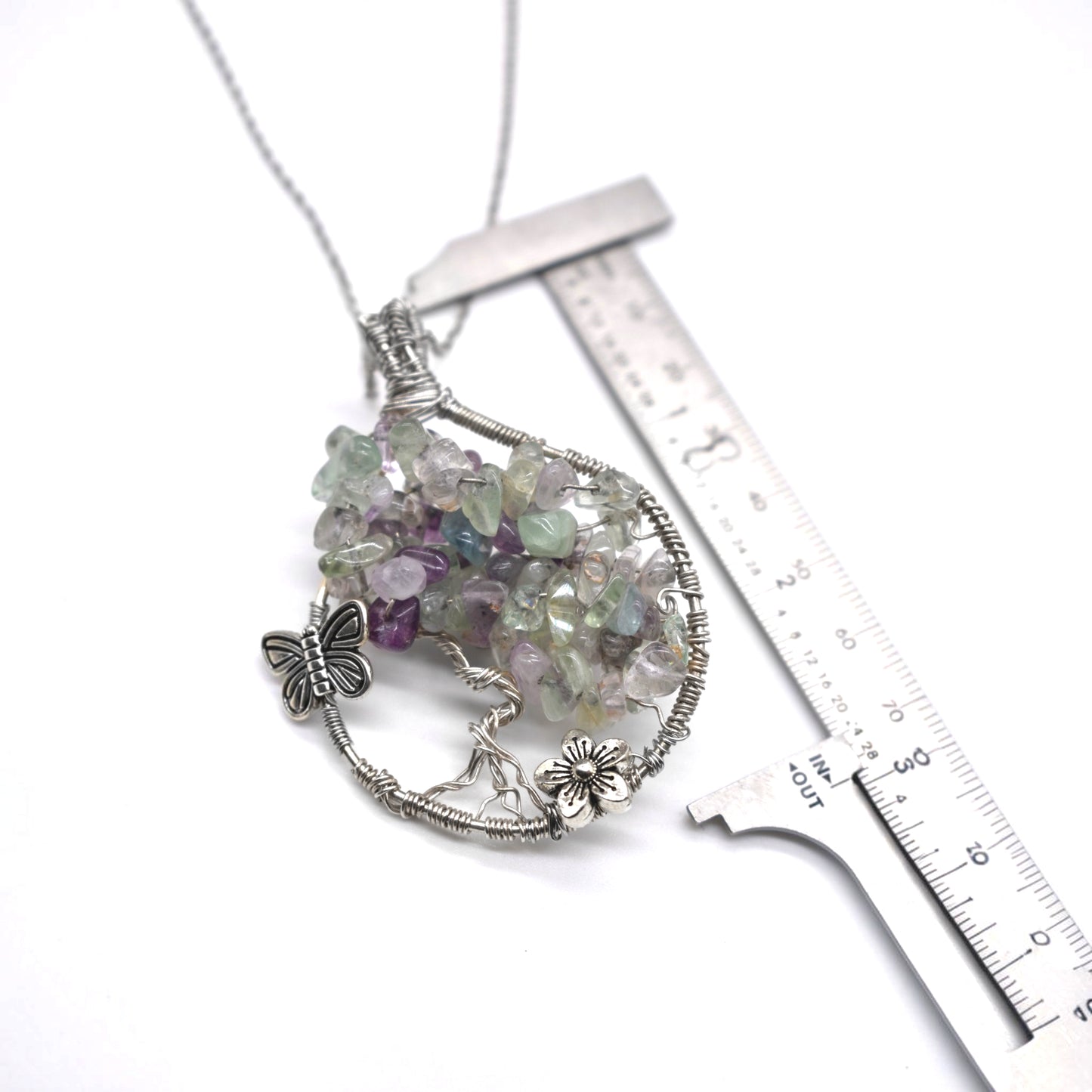 Healing Rainbow Fluorite Summer Tree Pendant in Sterling Silver with Stainless Steel Chain