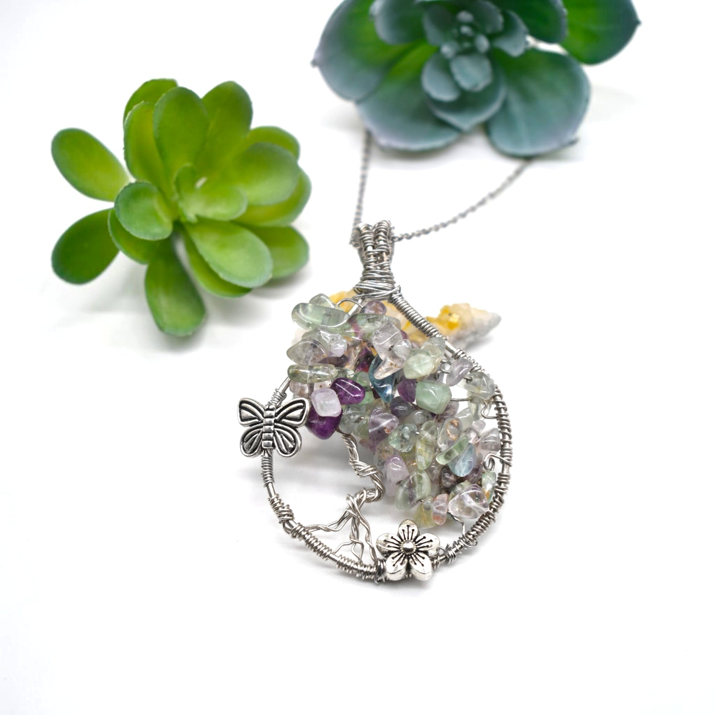 Healing Rainbow Fluorite Summer Tree Pendant in Sterling Silver with Stainless Steel Chain