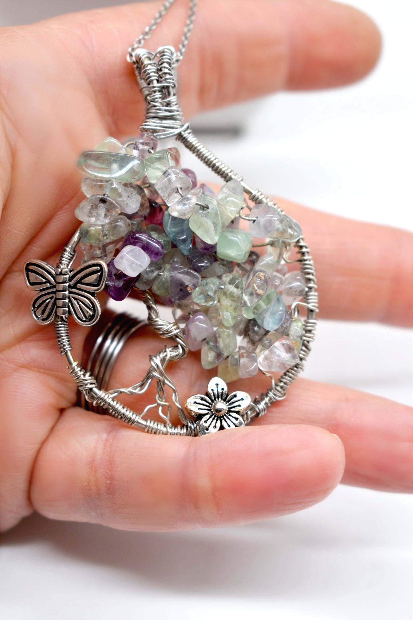Healing Rainbow Fluorite Summer Tree Pendant in Sterling Silver with Stainless Steel Chain