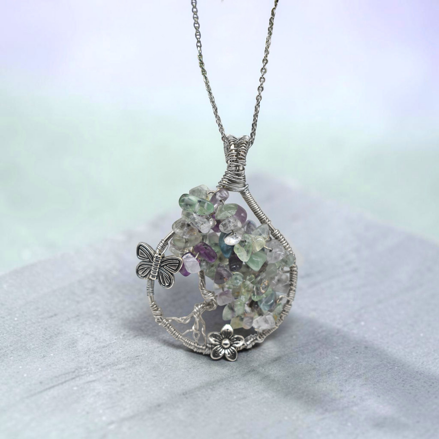 Healing Rainbow Fluorite Summer Tree Pendant in Sterling Silver with Stainless Steel Chain