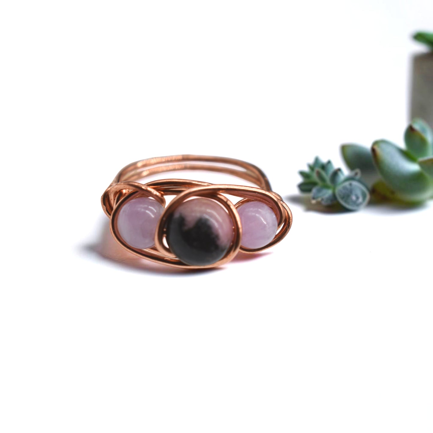 Healing Rhodonite and Kunzite Ring in Copper, Sterling Silver, 14K Gold Filled & Rose Gold Filled