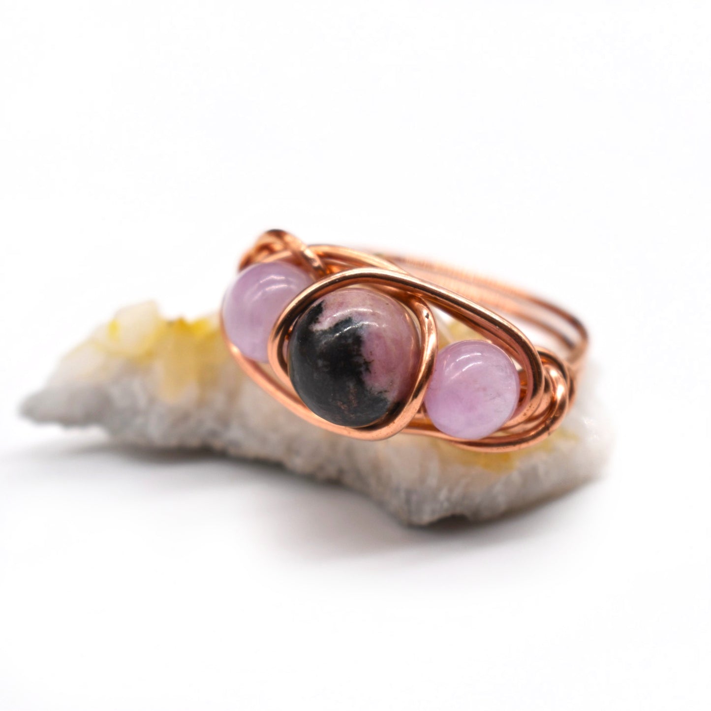 Healing Rhodonite and Kunzite Ring in Copper, Sterling Silver, 14K Gold Filled & Rose Gold Filled