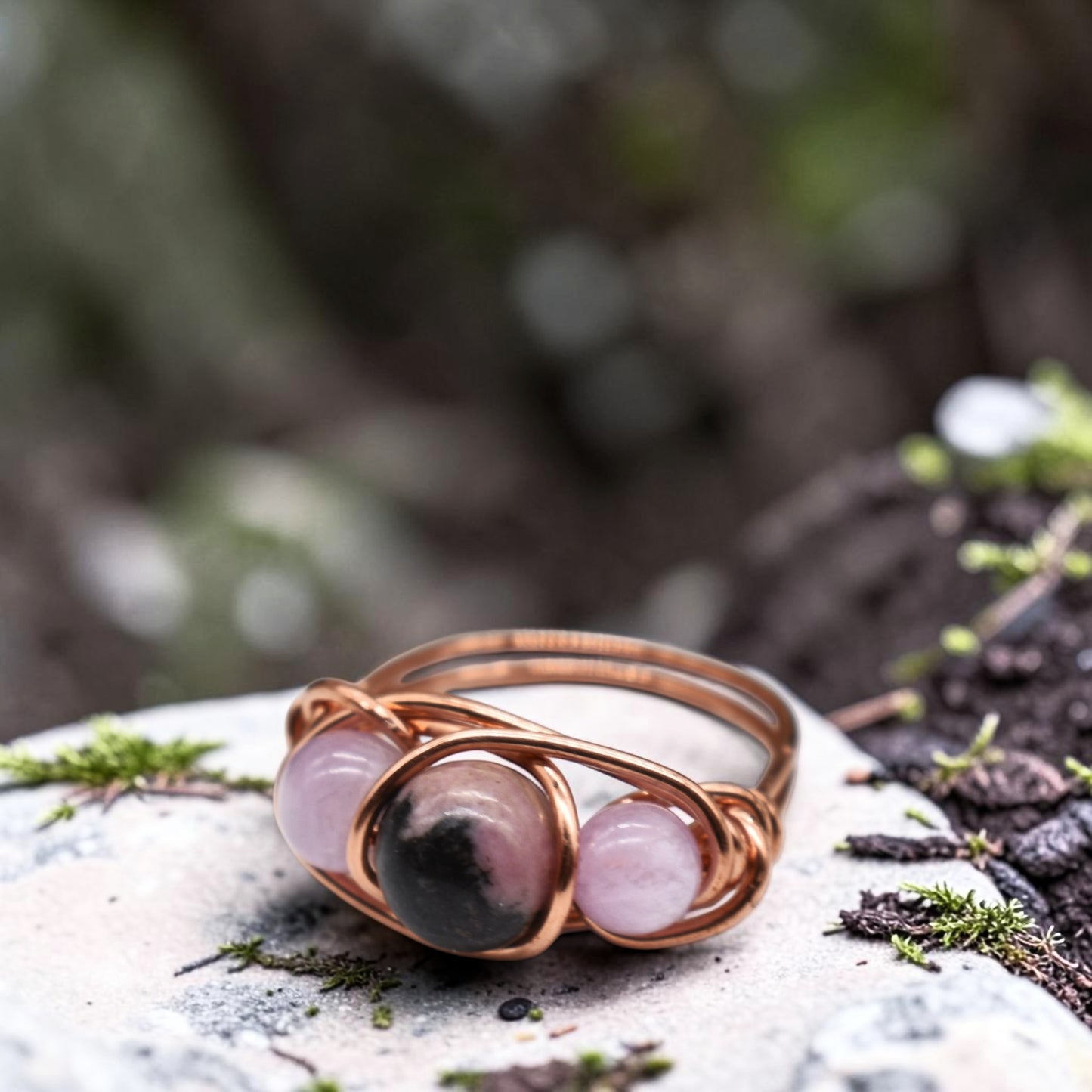 Healing Rhodonite and Kunzite Ring in Copper, Sterling Silver, 14K Gold Filled & Rose Gold Filled