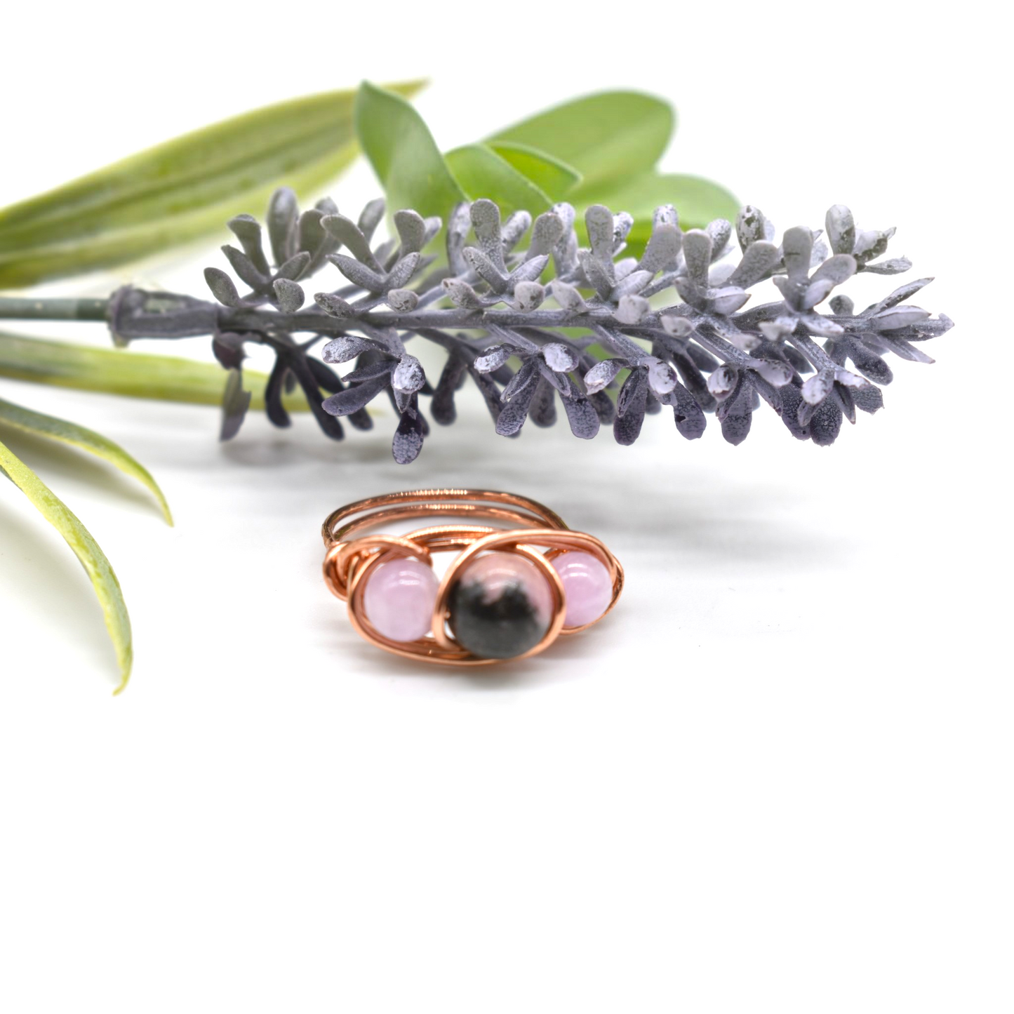 Healing Rhodonite and Kunzite Ring in Copper, Sterling Silver, 14K Gold Filled & Rose Gold Filled