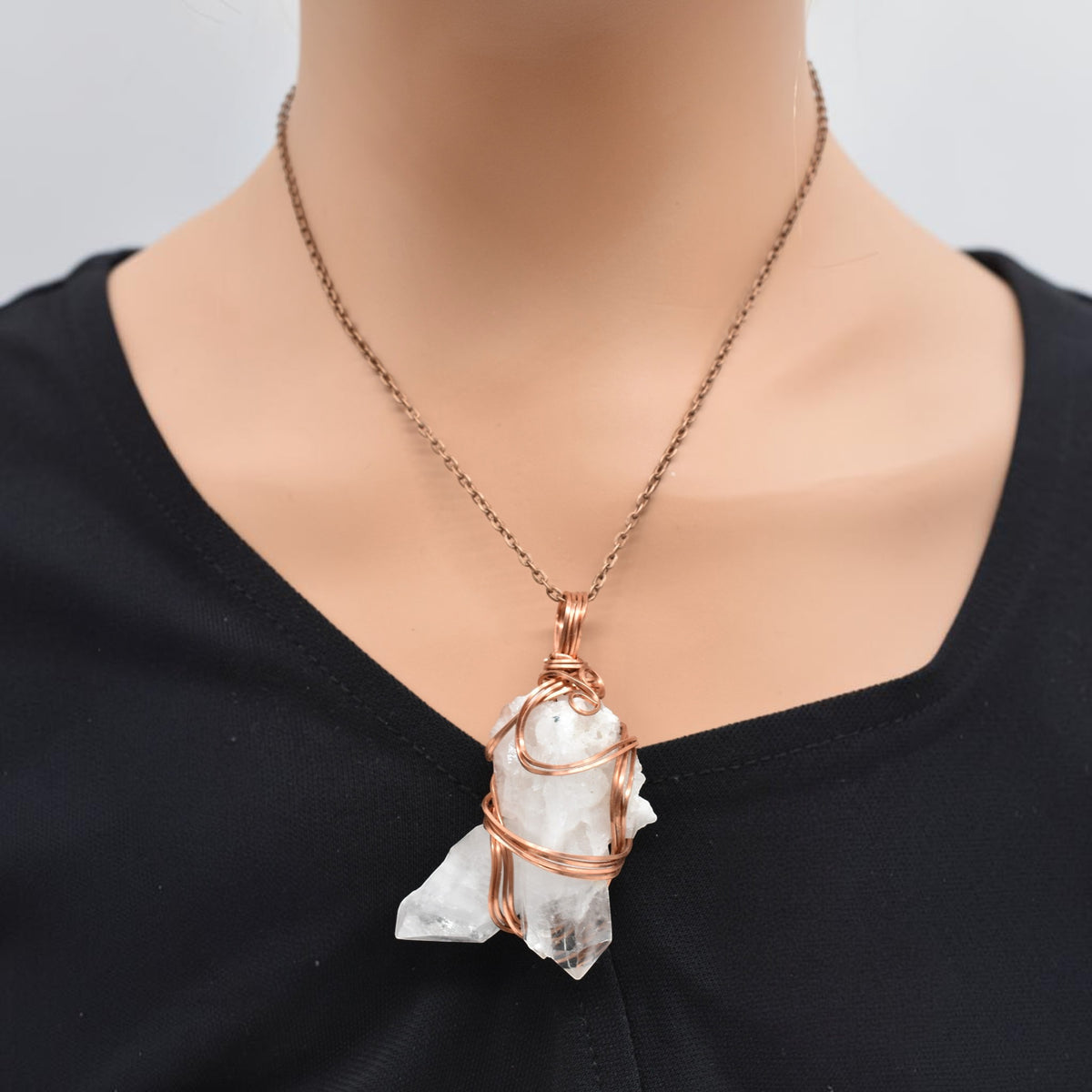 Healing Raw Quartz Double Point Twin Pendant Necklace – Handmade Copper Crystal Jewelry