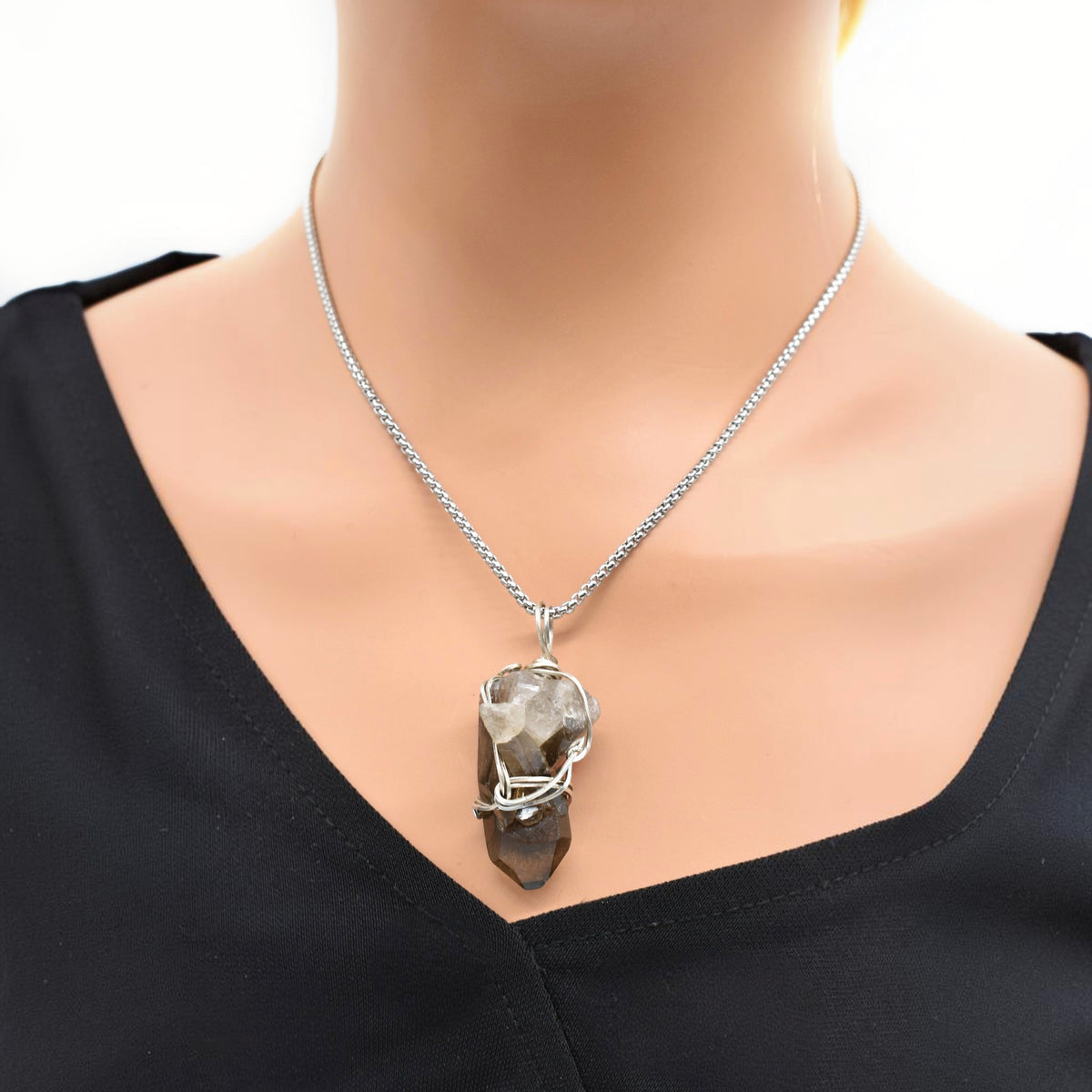 Healing Sterling Silver Raw Smokey Quartz Triple Point Pendant Necklace – Handmade Crystal Jewelry
