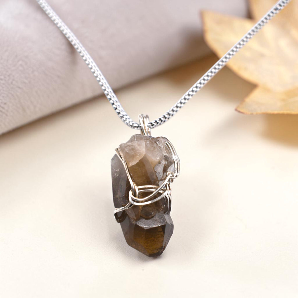 Healing Sterling Silver Raw Smokey Quartz Triple Point Pendant Necklace – Handmade Crystal Jewelry