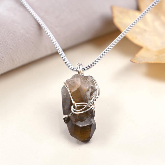 Healing Sterling Silver Raw Smokey Quartz Triple Point Pendant Necklace – Handmade Crystal Jewelry
