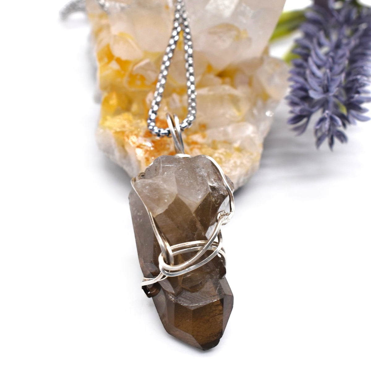 Healing Sterling Silver Raw Smokey Quartz Triple Point Pendant Necklace – Handmade Crystal Jewelry
