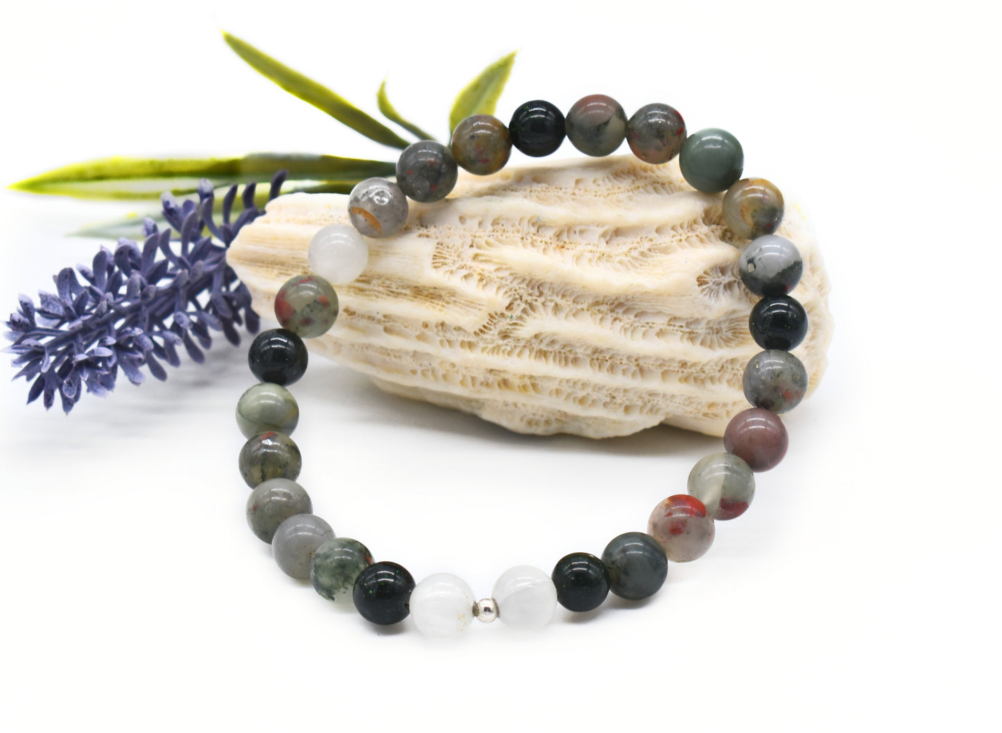 Bloodstone, Green Goldstone & Selenite Reiki Healing Bracelet | Handmade Protection & Strength Crystal Bracelet