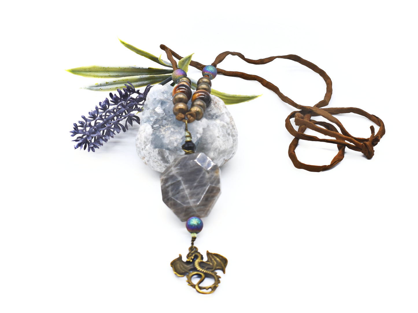 Magical Labradorite, Peridot, Black Sardonyx, Titanium Quartz, Tiger’s Eye Dragon Pendant Necklace