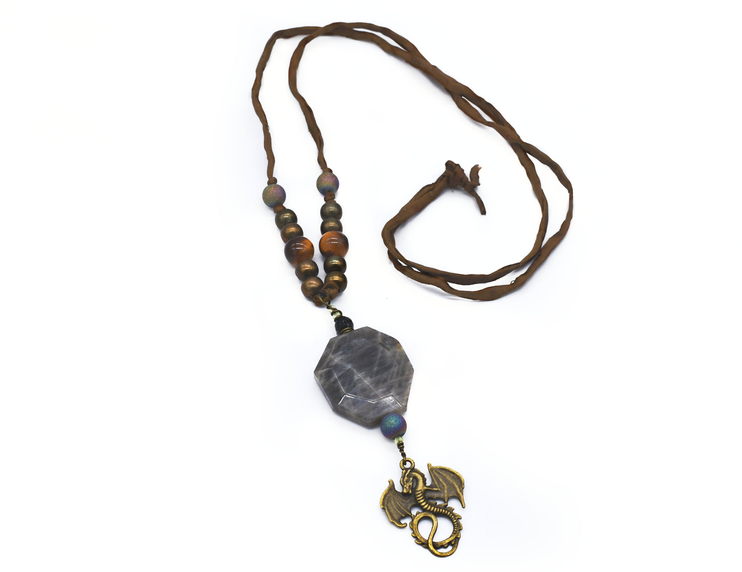 Magical Labradorite, Peridot, Black Sardonyx, Titanium Quartz, Tiger’s Eye Dragon Pendant Necklace