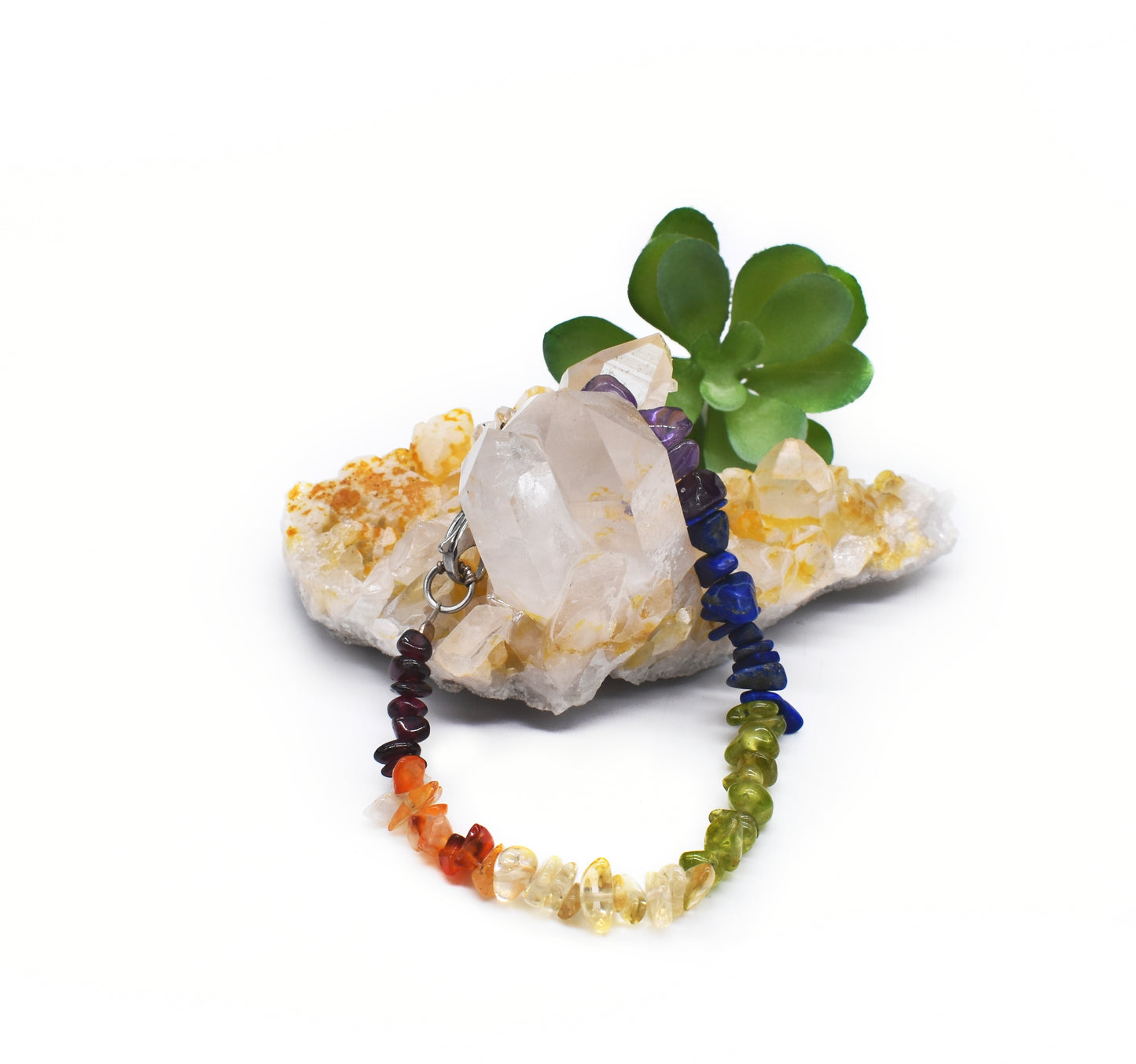 Healing Chakra Gemstone Chip Bracelet – Quartz, Amethyst, Lapis, Peridot, Citrine, Carnelian and Garnet