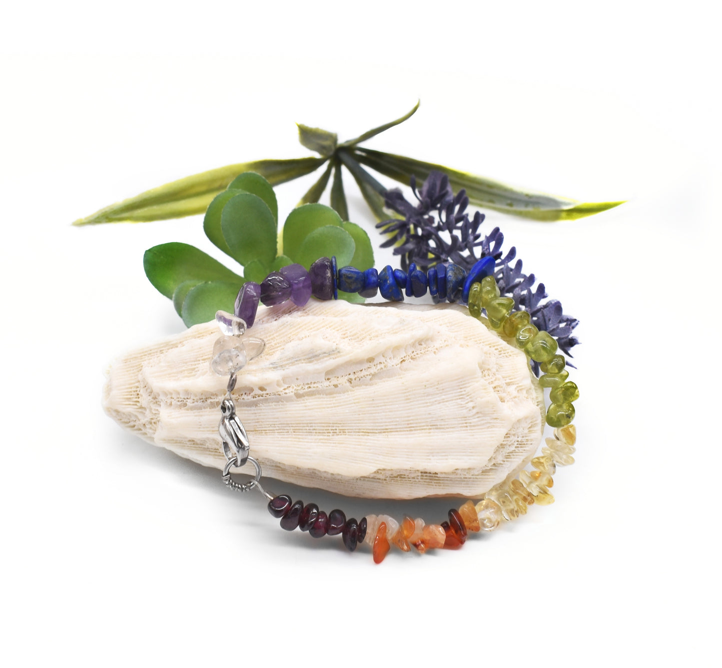 Healing Chakra Gemstone Chip Bracelet – Quartz, Amethyst, Lapis, Peridot, Citrine, Carnelian and Garnet