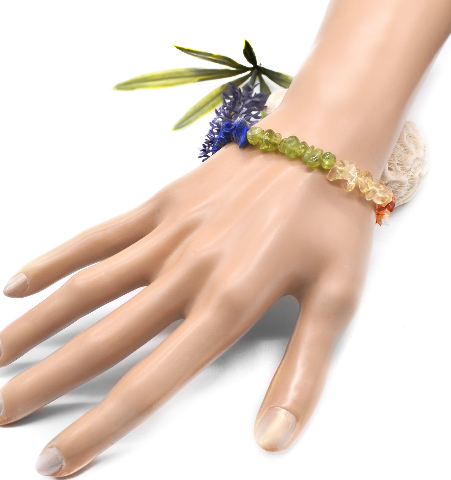 Healing Chakra Gemstone Chip Bracelet – Quartz, Amethyst, Lapis, Peridot, Citrine, Carnelian and Garnet