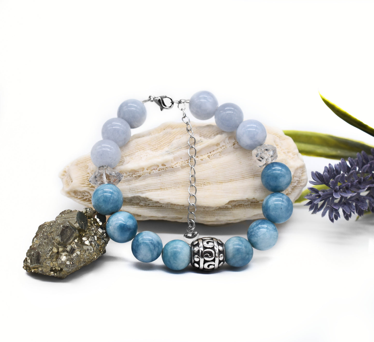 🌿 Healing Aquamarine, Larimar and Herkimer Diamond Adjustable Bracelet – Calm, Clarity and High Vibration Energy 🌊