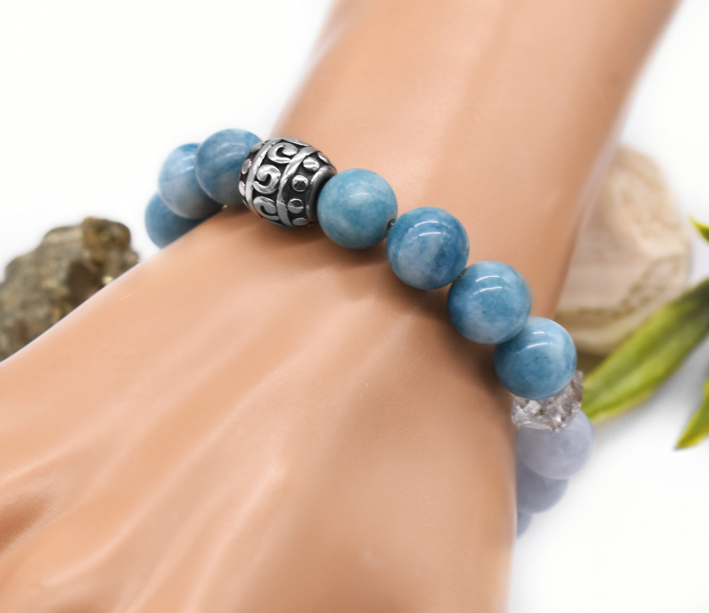 🌿 Healing Aquamarine, Larimar and Herkimer Diamond Adjustable Bracelet – Calm, Clarity and High Vibration Energy 🌊