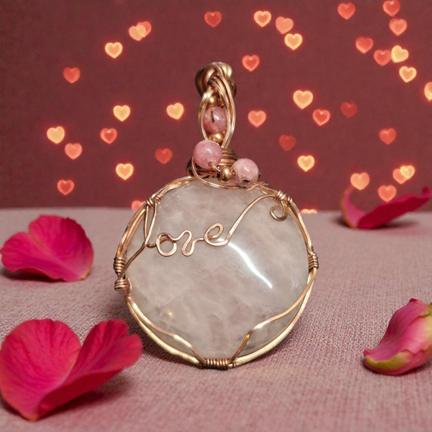 Wrapped Rose Quartz and Rhodolite Pendant ✨with Copper Bead Accents and Braided Veil