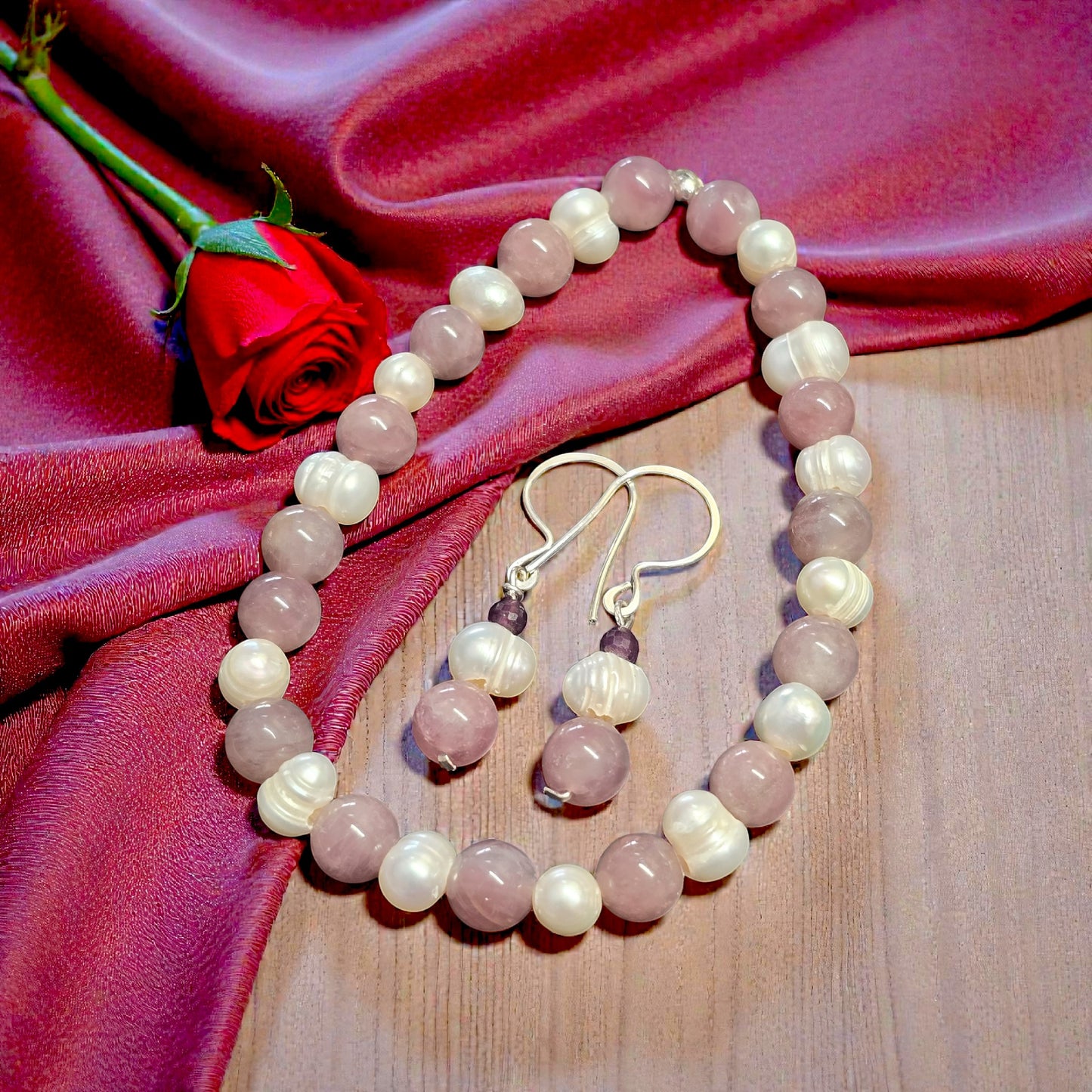 Freshwater Pear and Madagascar Rose Quartz Bracelet and Earring Matching Jewelry Set