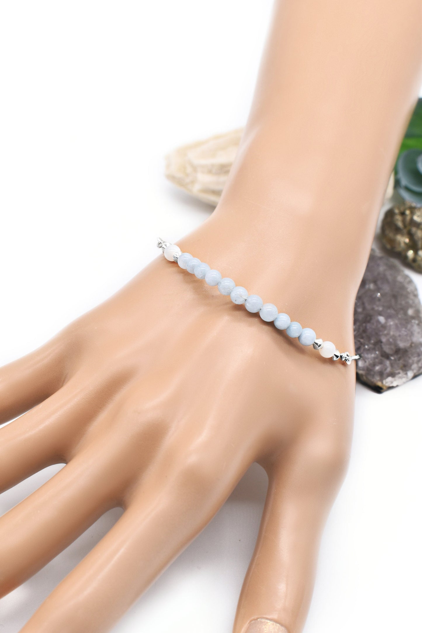 Sterling Aquamarine and Pearl Adjustable Soothing Bracelet