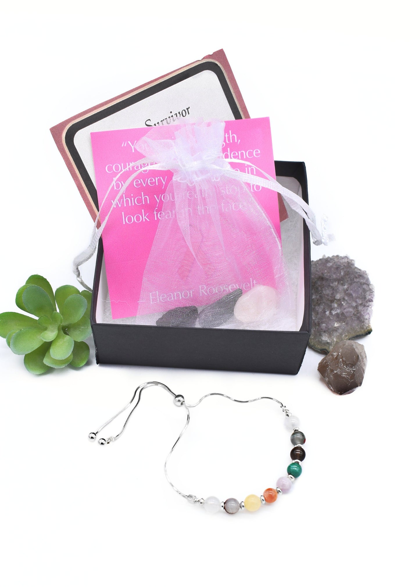 Cancer Support Crystal and Sterling Adjustable Bracelet