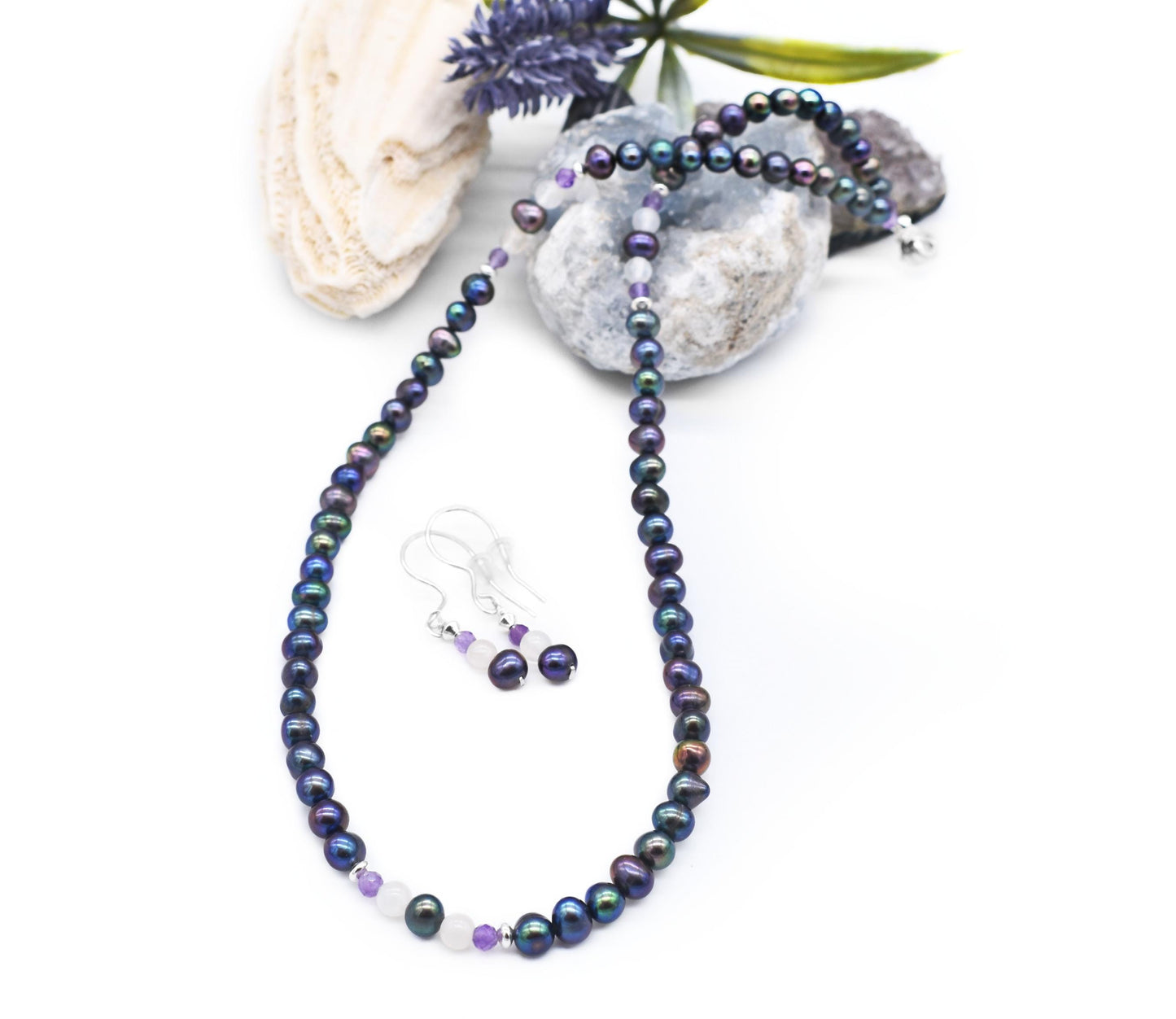 Pearl Power Necklace Set/Peacock Pearl and Amethyst Necklace/ AAA Natural Pearls/ Healing Energy Necklace