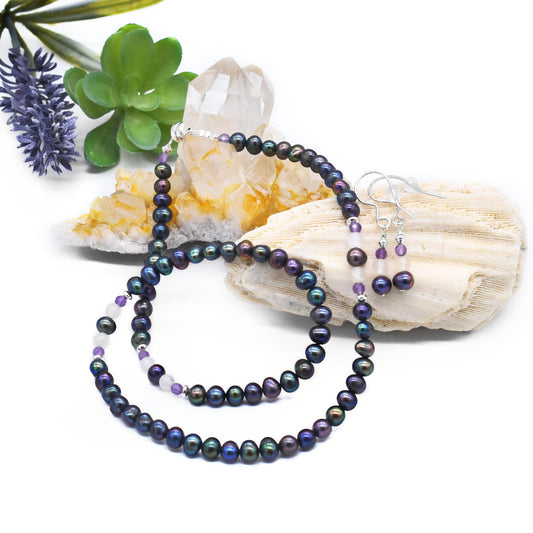 Pearl Power Necklace Set/Peacock Pearl and Amethyst Necklace/ AAA Natural Pearls/ Healing Energy Necklace