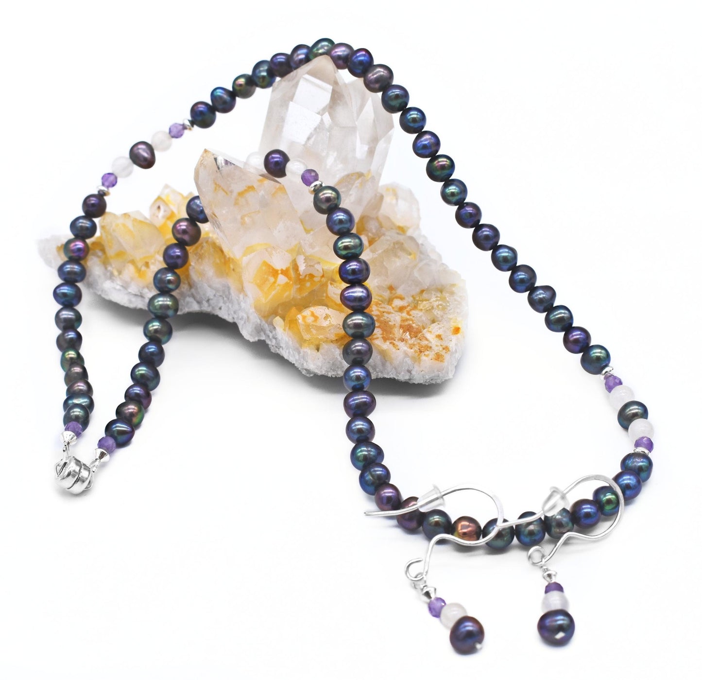 Pearl Power Necklace Set/Peacock Pearl and Amethyst Necklace/ AAA Natural Pearls/ Healing Energy Necklace