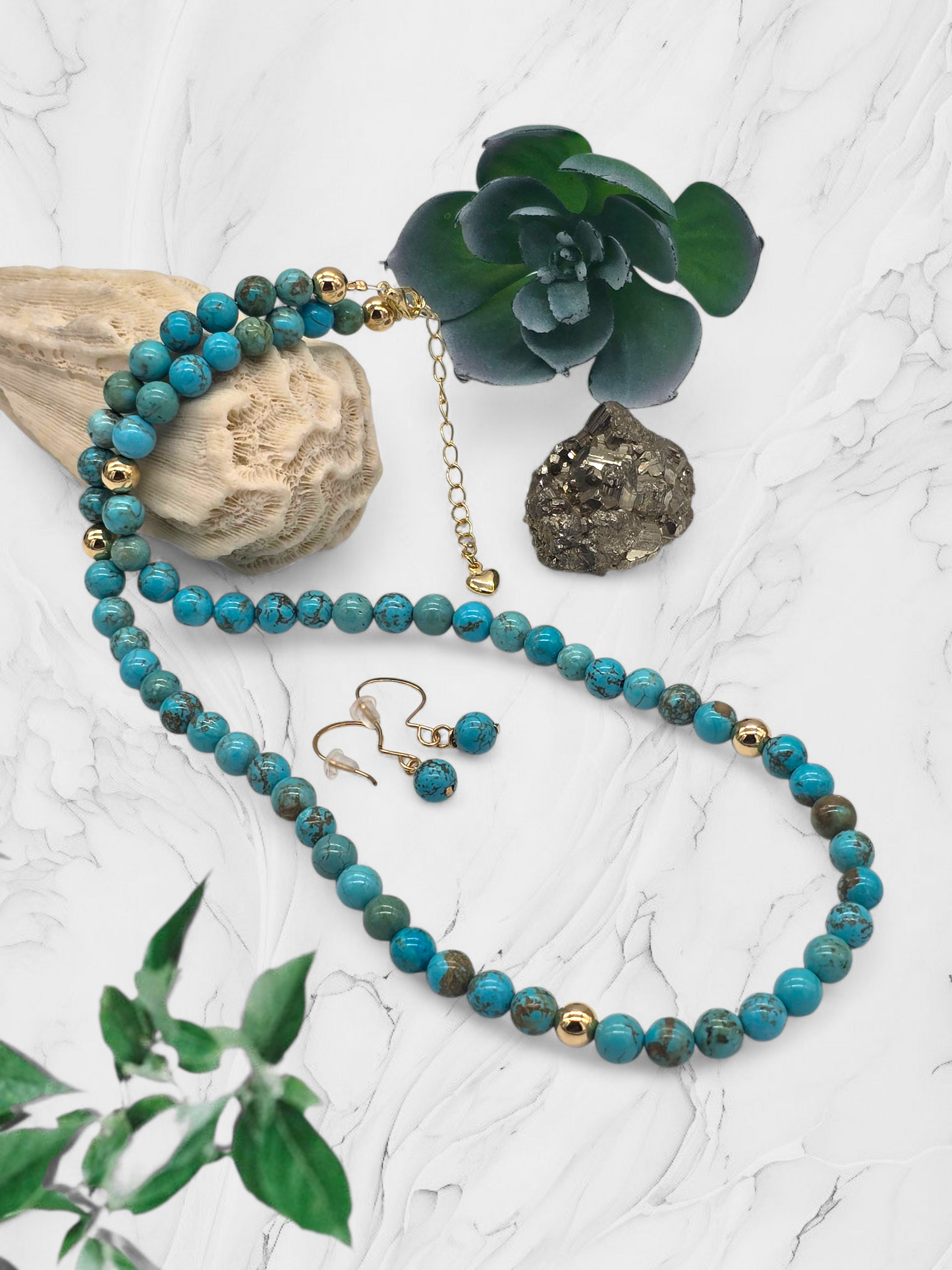 14k Gold Filled Howlite Turquoise-Colored Adjustable Necklace &amp; Earring Set – Reiki Infused Healing Jewelry