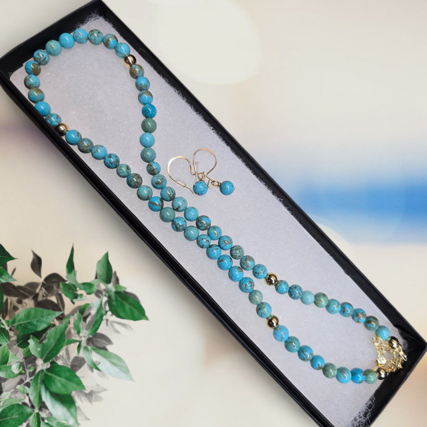 14k Gold Filled Howlite Turquoise-Colored Adjustable Necklace &amp; Earring Set – Reiki Infused Healing Jewelry